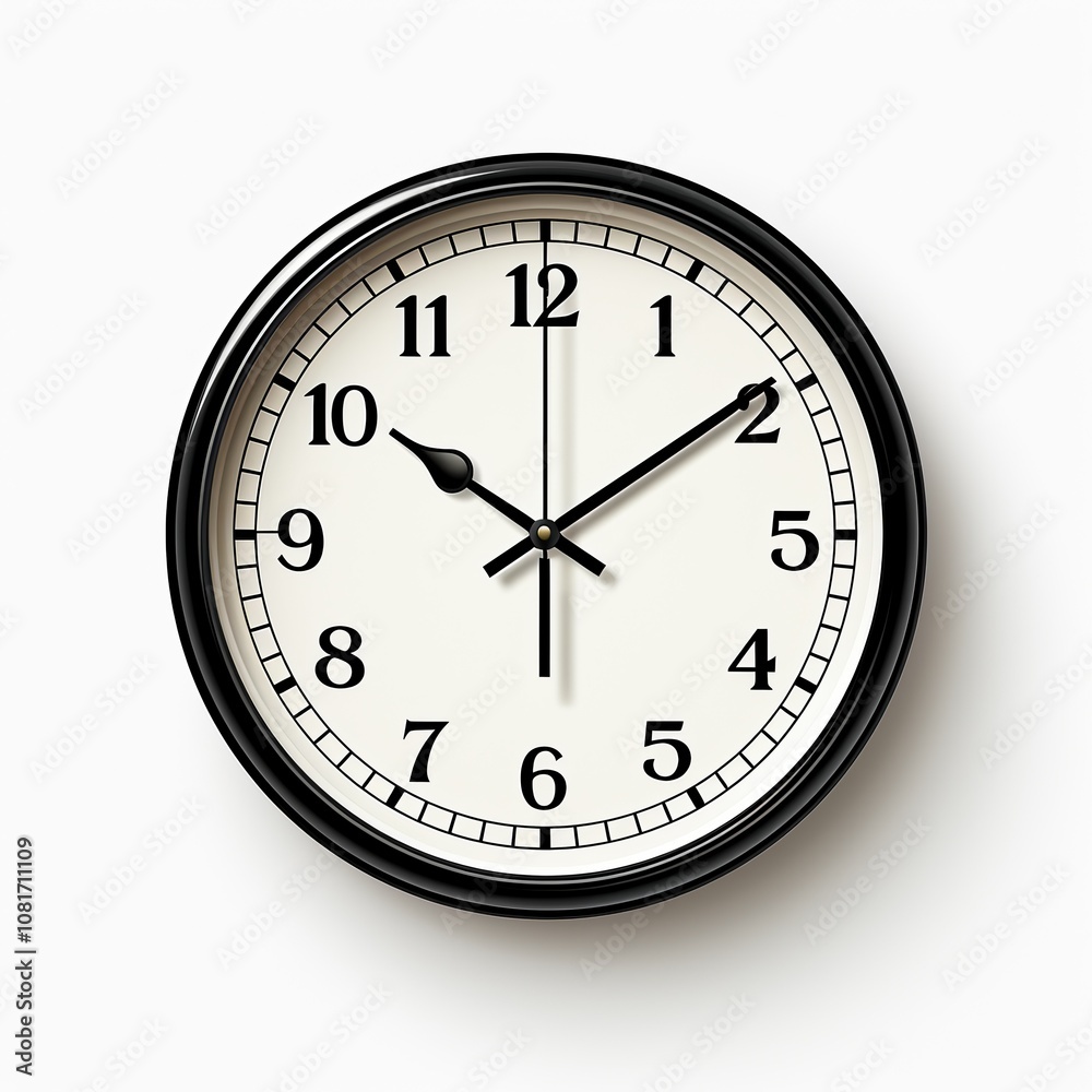 A classic black and white clock with Roman numeral markings.