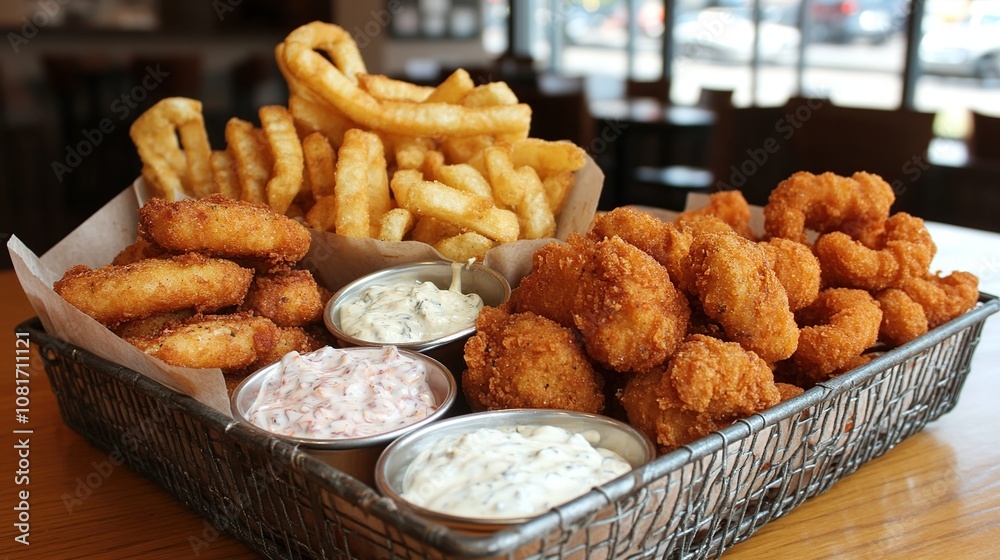 A basket of crispy fried seafood with french fries, onion rings, and dipping sauces on a wooden table.