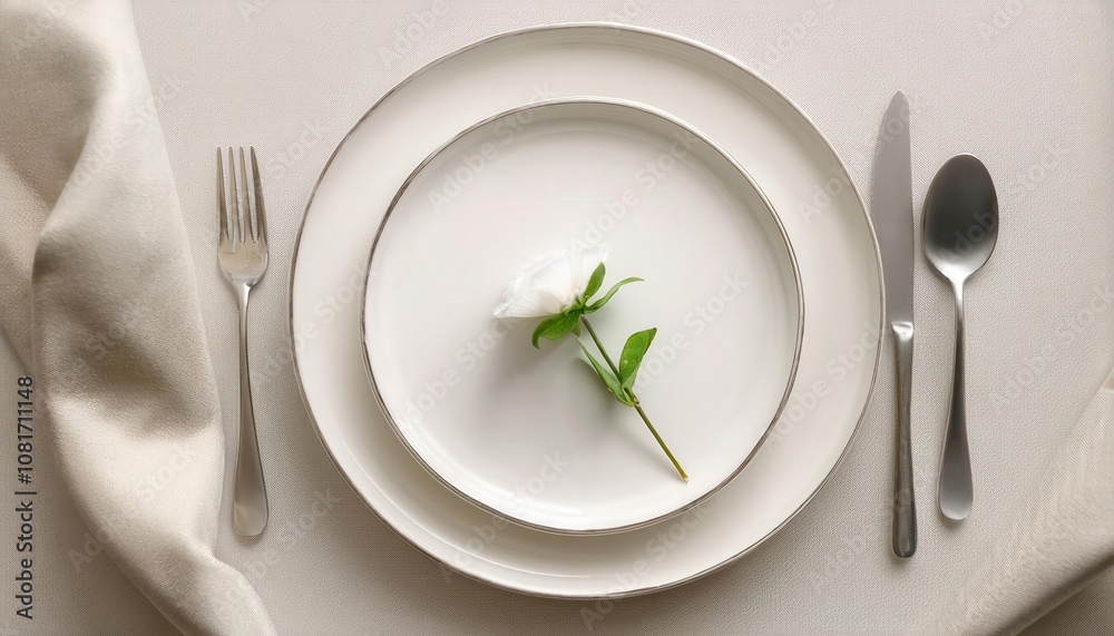 Elegant dining setup with a flower on a white plate. Elegant dining setup with a flower on a white plate.