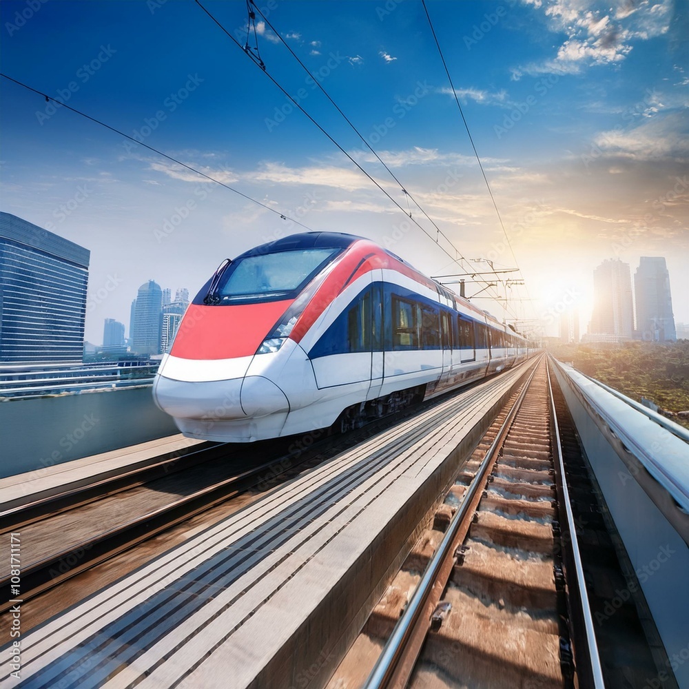 Naklejka premium electric passenger train Drive at high speed amidst the urban landscape.