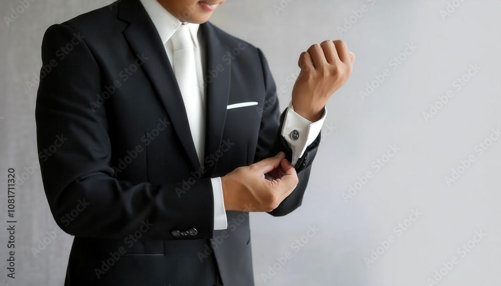 A professional man adjusting his cufflinks in a formal setting. A professional man adjusting his cufflinks in a formal setting.