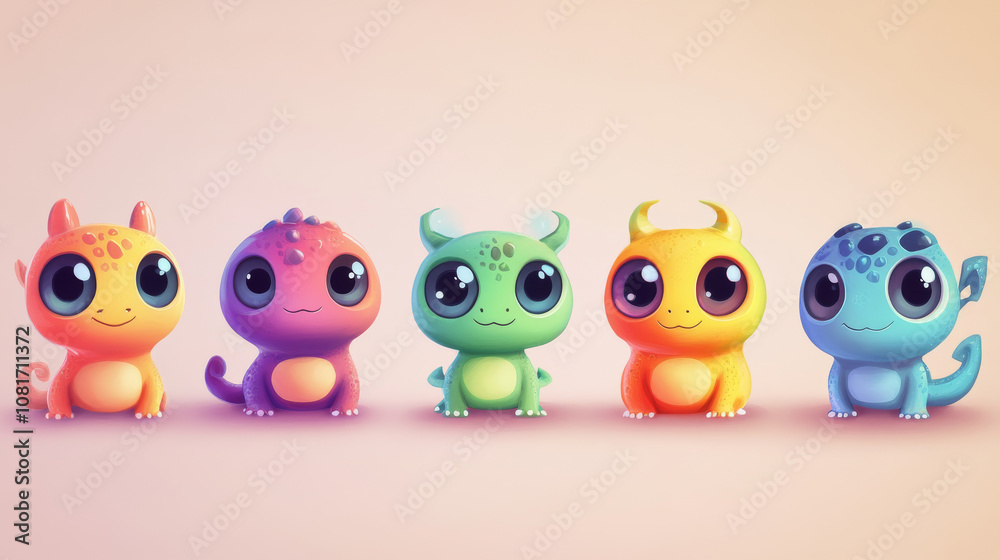 This is a set of cute, cartoon alien monsters with big eyes and funny expressions. They have bright, pastel colors and are perfect for children's illustrations or wallpaper. This is a set of cute, cartoon alien monsters with big eyes and funny expressions. They have bright, pastel colors and are perfect for children's illustrations or wallpaper.