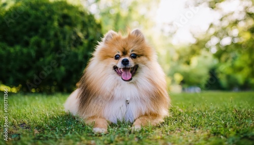 A cheerful Pomeranian dog relaxing on lush green grass.