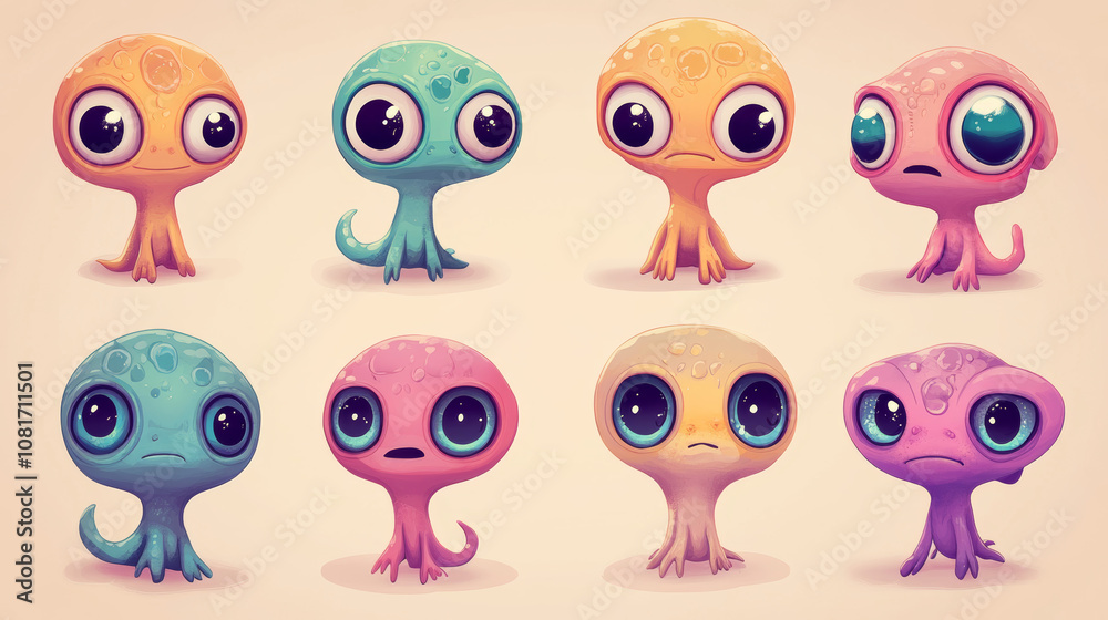 This is a set of cute, cartoon alien monsters with big eyes and funny expressions. They have bright, pastel colors and are perfect for children's illustrations or wallpaper. This is a set of cute, cartoon alien monsters with big eyes and funny expressions. They have bright, pastel colors and are perfect for children's illustrations or wallpaper.