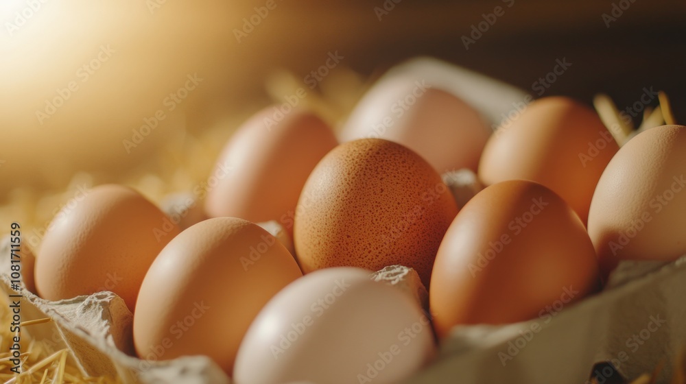 Freshly collected eggs in a carton on a bed of straw. Freshly collected eggs in a carton on a bed of straw.