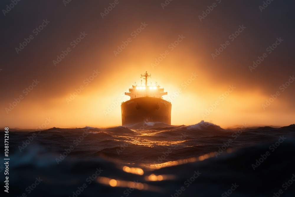A cargo ship emerges through the mist at sunset, creating a dramatic silhouette. A cargo ship emerges through the mist at sunset, creating a dramatic silhouette.