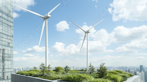 Urban Rooftop Garden Powered by Wind Turbines: A Sustainable Oasis in the City