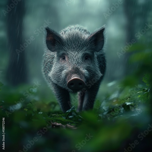 A wild boar exploring a misty forest. photo