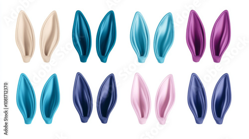 This is a collection of bunny rabbit ears in different colors: blue, turquoise, navy, magenta, and purple. They are isolated on a white background and ready to be used in your design projects.