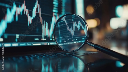 Magnifying Glass Examining a Stock Chart on a Laptop