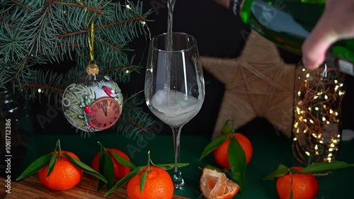 Pouring sparkling wine into wineglass on table with mandarins fir brunch and garland. Christmas concept