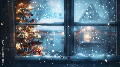 A Christmas background featuring a snow-covered window with a view of a decorated Christmas tree and falling snow.