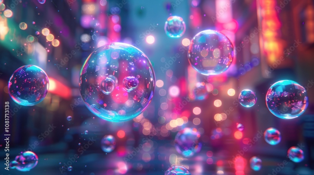 Abstract neon city with floating bubbles. Abstract neon city with floating bubbles.
