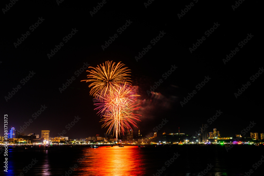 Brilliant red fireworks explode against a dark night sky, illuminating a cityscape below. Vibrant bursts and smoke create a festive, dynamic atmosphere, capturing the excitement of celebration. Brilliant red fireworks explode against a dark night sky, illuminating a cityscape below. Vibrant bursts and smoke create a festive, dynamic atmosphere, capturing the excitement of celebration.