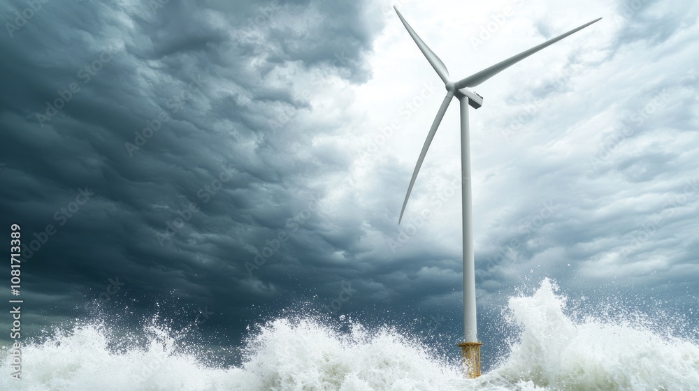 Renewable Energy Amidst Nature's Fury - Dramatic Stormy Sky Over Wind Farm with Crashing Waves in Foreground Renewable Energy Amidst Nature's Fury - Dramatic Stormy Sky Over Wind Farm with Crashing Waves in Foreground