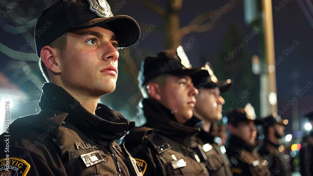 Group of police officers are standing in a line, wearing uniforms and hats, with a serious expression on their faces, ensuring public safety during a night event Group of police officers are standing in a line, wearing uniforms and hats, with a serious expression on their faces, ensuring public safety during a night event