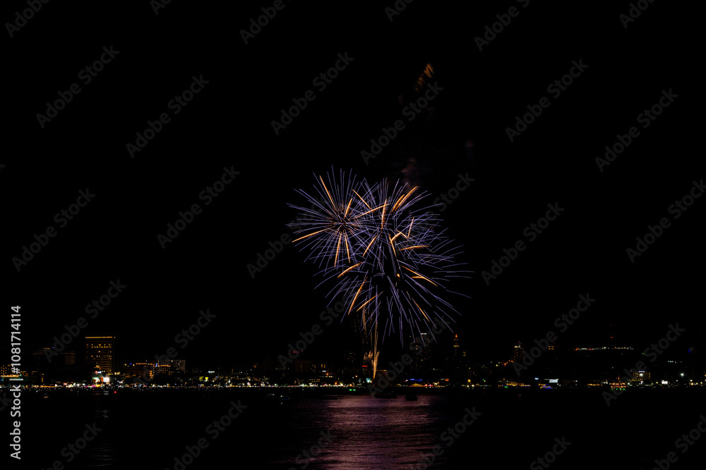 Brilliant red fireworks explode against a dark night sky, illuminating a cityscape below. Vibrant bursts and smoke create a festive, dynamic atmosphere, capturing the excitement of celebration. Brilliant red fireworks explode against a dark night sky, illuminating a cityscape below. Vibrant bursts and smoke create a festive, dynamic atmosphere, capturing the excitement of celebration.