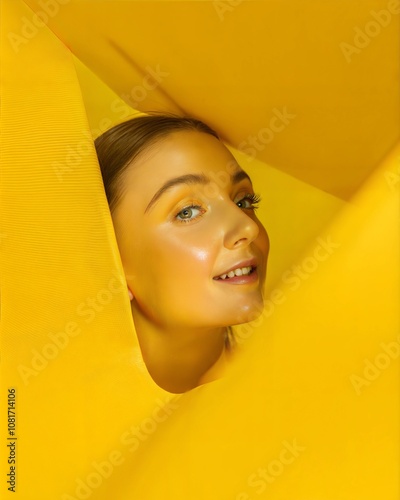 Vibrant Yellow Backdrop Framing a Woman�s Face with a Playful Expression