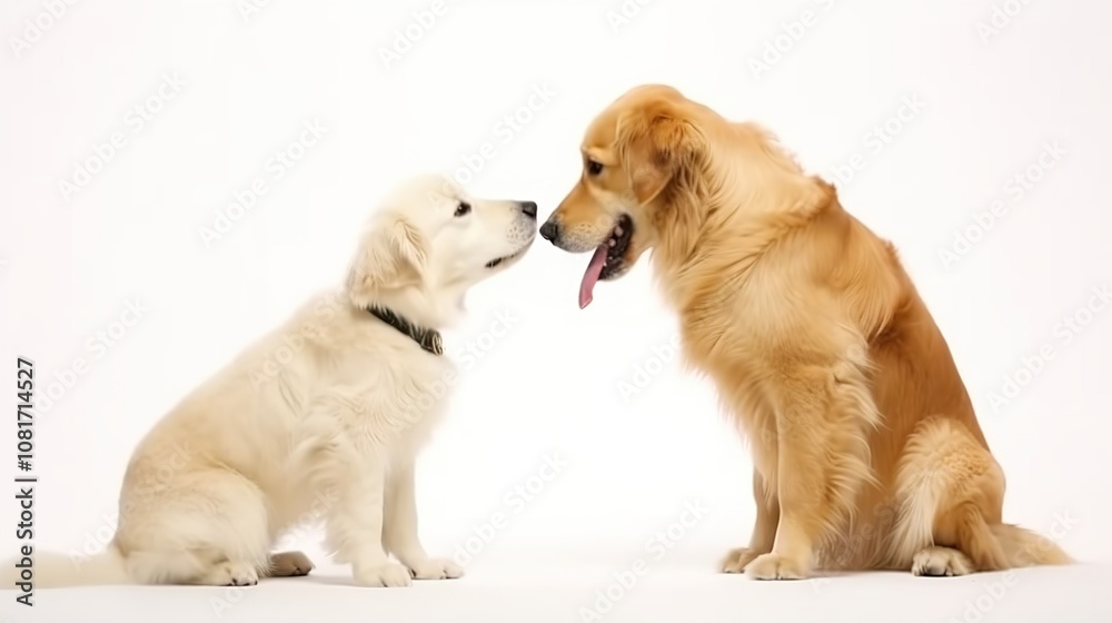A young golden retriever puppy sits facing an adult golden retriever, both looking at each other. A young golden retriever puppy sits facing an adult golden retriever, both looking at each other.