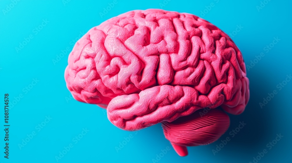 Neurotechnology Brain and Computer Interfaces concept. A vibrant pink model of a human brain set against a blue background, emphasizing its intricate structure and design. Neurotechnology Brain and Computer Interfaces concept. A vibrant pink model of a human brain set against a blue background, emphasizing its intricate structure and design.