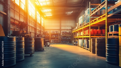 Industrial Warehouse with Sunlight and Stacks of Supplies