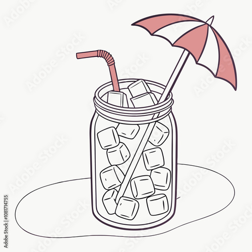 A glass with ice inside and umbrella on top