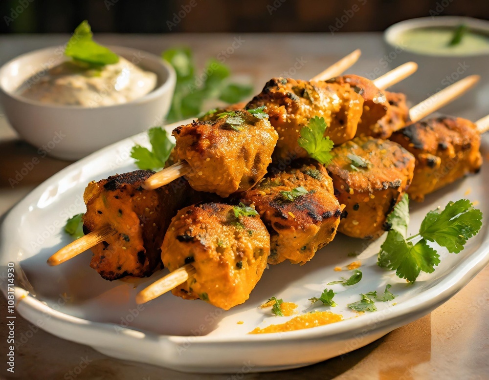 A Bold Presentation of Tandoori Chicken Skewers Marinated with Yogurt and Spices, Served on a Clean White Platter with Cilantro Garnish and Bright Dips A Bold Presentation of Tandoori Chicken Skewers Marinated with Yogurt and Spices, Served on a Clean White Platter with Cilantro Garnish and Bright Dips