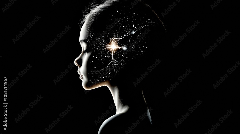Neurotechnology Brain and Computer Interfaces concept. A silhouette of a girl against a dark background, her head filled with stars and cosmic elements, symbolizing creativity and imagination. Neurotechnology Brain and Computer Interfaces concept. A silhouette of a girl against a dark background, her head filled with stars and cosmic elements, symbolizing creativity and imagination.