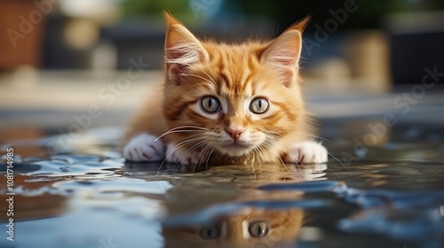 A ginger kitten sits in a puddle of water, looking at the camera with big, curious eyes.