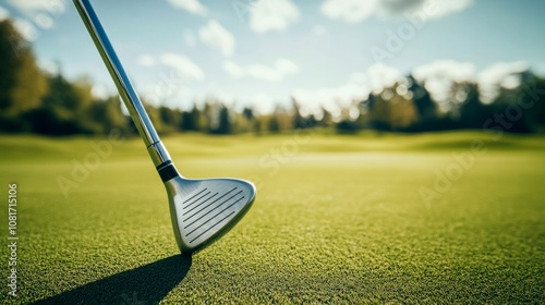 A golf club's iron face with focus on the clubhead design, outdoor setting under clear skies, Classic style photo