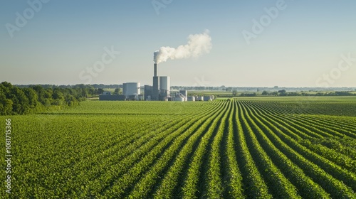Sustainable Bioenergy Plant in Agricultural Landscape Symbolizing Renewable Energy Production and Farming Harmony