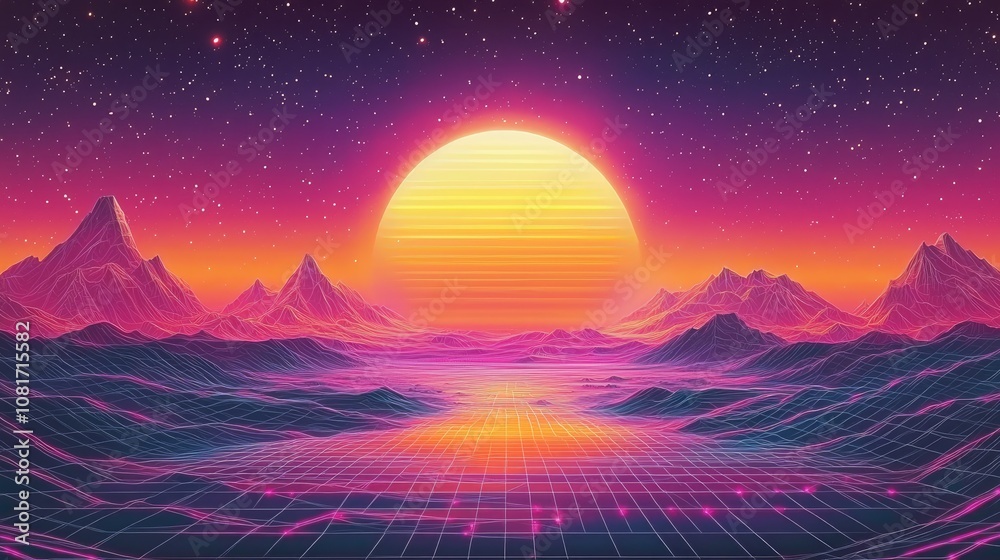 Retro sunset landscape with mountains and grid. Retro sunset landscape with mountains and grid.