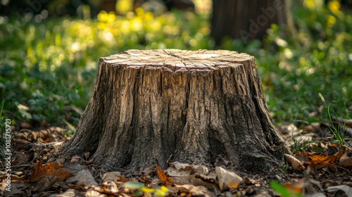 A close-up view of an old tree stump with textured bark. The wood is a warm brown color, and there's plenty of space to add your own text or design.