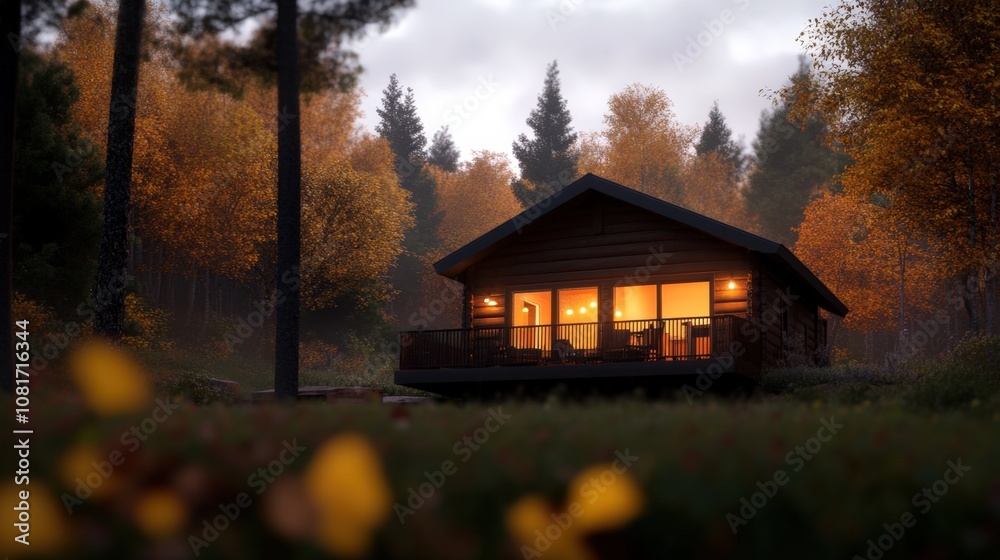 A cozy cabin surrounded by autumn foliage, inviting warmth and tranquility. A cozy cabin surrounded by autumn foliage, inviting warmth and tranquility.