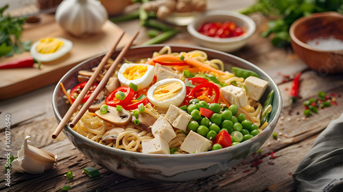 Appealing Asian Noodle Bowl Recipe Set On Rustic Wooden Table