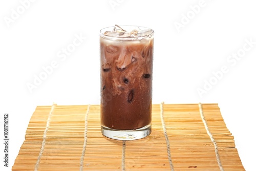 Ice mocha put on wooden plates serving on white background in isolated concept.