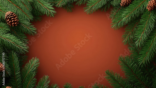 Minimalist rustic christmas frame with wreaths and pine branches