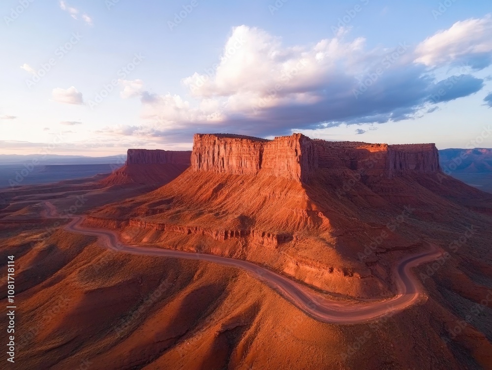 Fototapeta premium A stunning aerial view of a desert landscape featuring dramatic rock formations and winding roads.