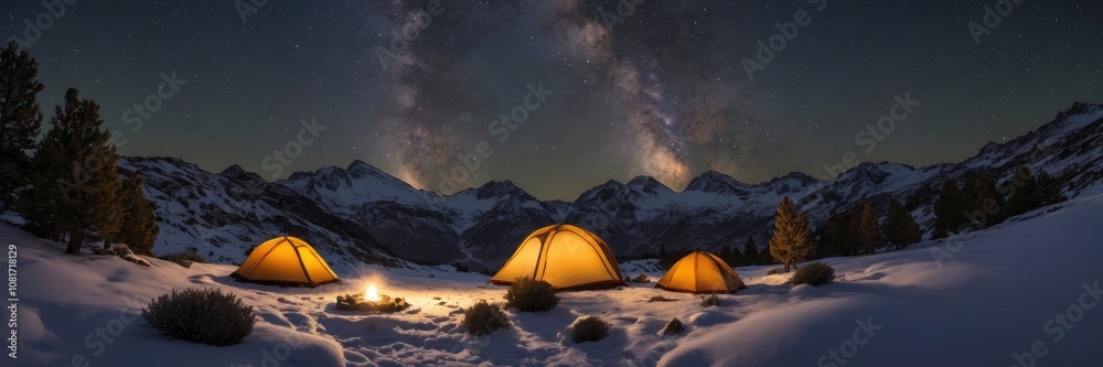 Camping in the snow covered mountains under the Galaxy and stars. A tent glowing Camping in the snow covered mountains under the Galaxy and stars. A tent glowing