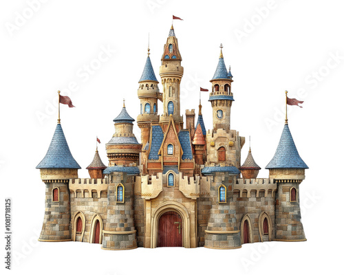 whimsical fairy tale castle with turrets, flags, and stone walls, perfect for enchanting stories and imaginative play