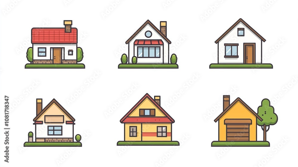 A charming illustration of a house surrounded by bushes and a cloud, perfect for coloring activities or design projects. A charming illustration of a house surrounded by bushes and a cloud, perfect for coloring activities or design projects.