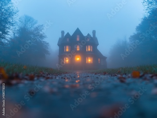 A mysterious old house illuminated in the fog. photo