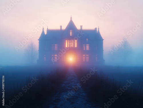 A mysterious mansion shrouded in fog at dawn, inviting curiosity and intrigue.