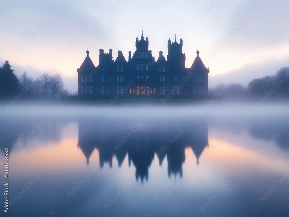 Fototapeta premium A mysterious mansion shrouded in fog, reflecting on a tranquil lake at dawn.