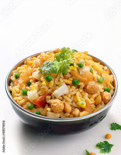 Close-up of a bowl of Indian street food Bhel Puri