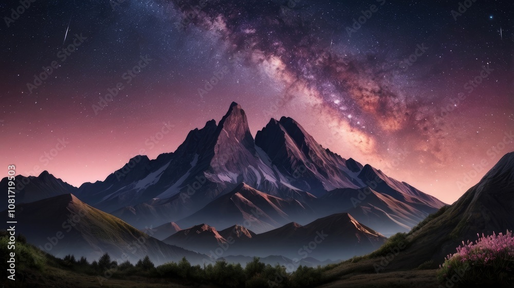 Galaxy arch and mountain peak at starry night. pink sky with bright stars in summer Galaxy arch and mountain peak at starry night. pink sky with bright stars in summer