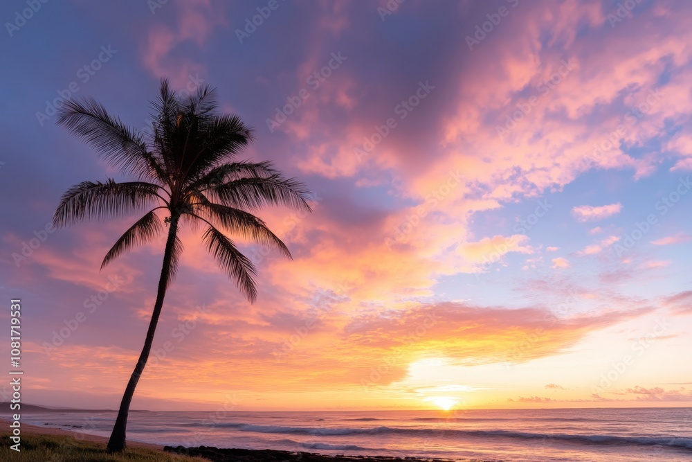 A serene sunset over the ocean with a palm tree silhouette. A serene sunset over the ocean with a palm tree silhouette.