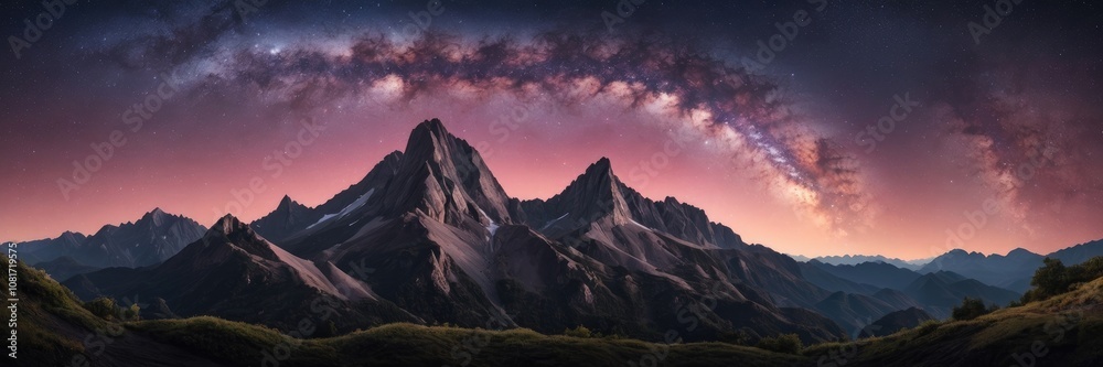 Galaxy arch and mountain peak at starry night. pink sky with bright stars in summer Galaxy arch and mountain peak at starry night. pink sky with bright stars in summer