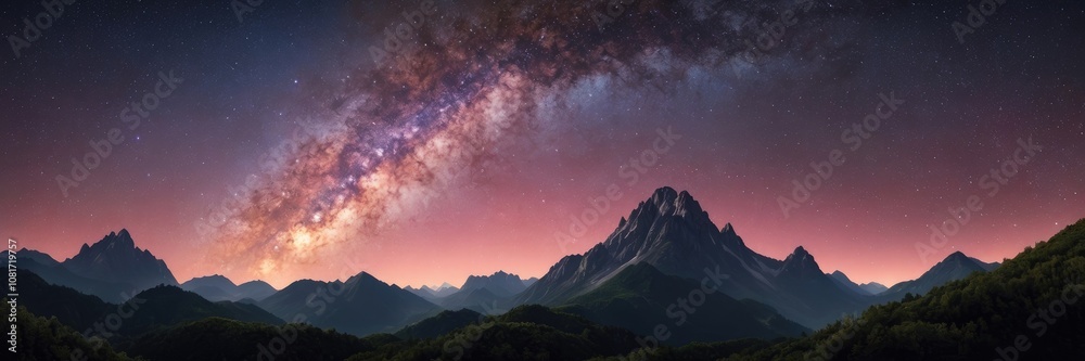 Galaxy arch and mountain peak at starry night. pink sky with bright stars in summer Galaxy arch and mountain peak at starry night. pink sky with bright stars in summer