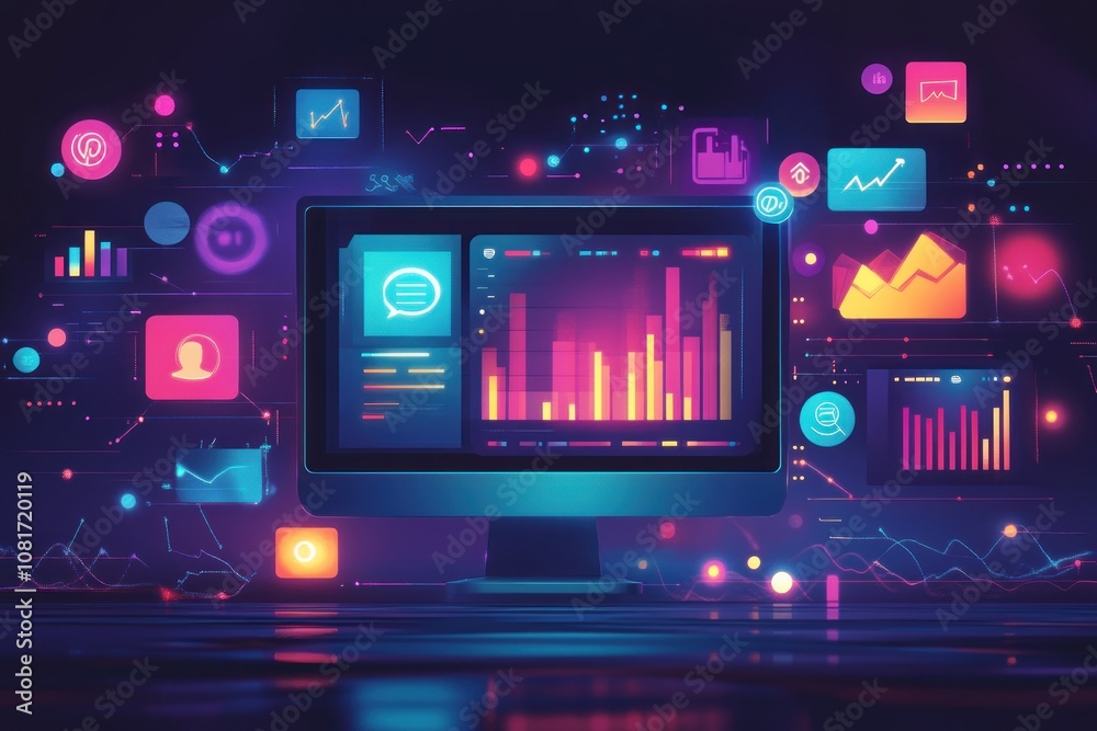 A computer monitor displaying charts and graphs with a colorful, futuristic and digital background.